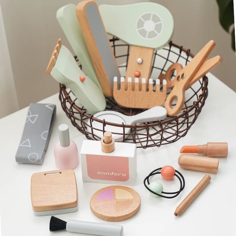 Kids Makeup Set Hairdresser Simulation Wood Beauty Fashion Pettini Hair Hair Dryer Makeup Kit Barber Make-up Kit Toy for Girl