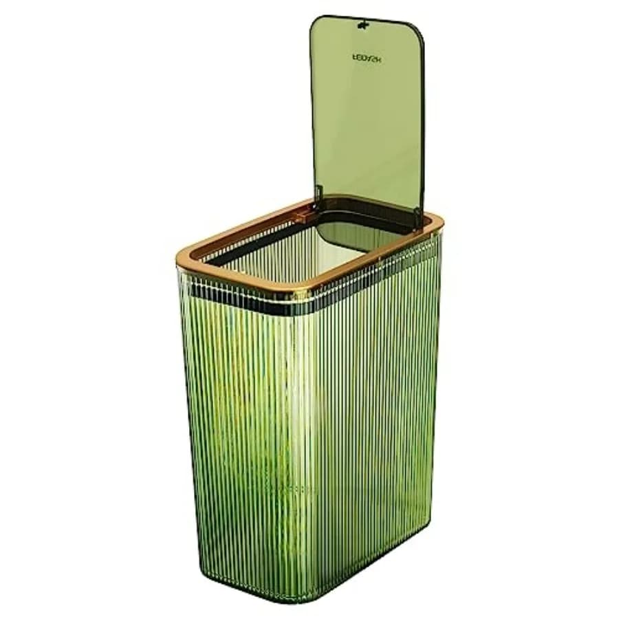 Cestino per Bagno Trasparente da 10L (2,6 Galloni) con Coperchio a Pressione, Sottile, in Plastica Verde, per Camera da Letto, Ufficio, Cucina