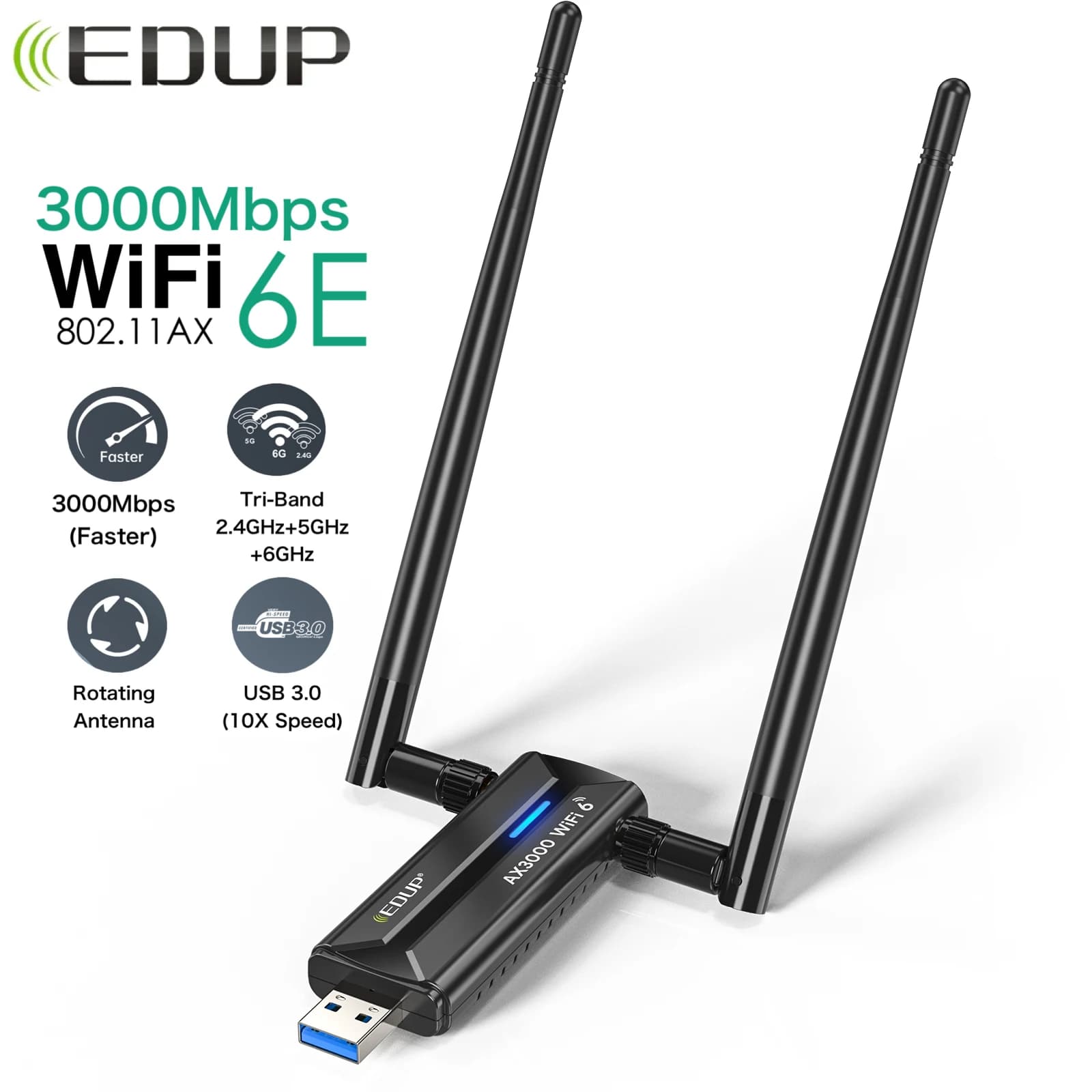 Scheda di Rete Wireless EDUP AX1672 WiFi 6E MTK7921AU 3000Mbps USB 3.0 Tri-Band 2.4G 5G 6G con Antenna ad Alto Guadagno, Dongle Ricevitore WiFi