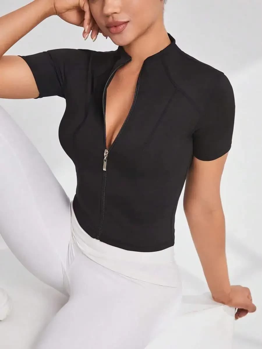 Womens Mock Neck Short Sleeve Zipper Front Active Jacket Tight Fit For Fitness Running Workout