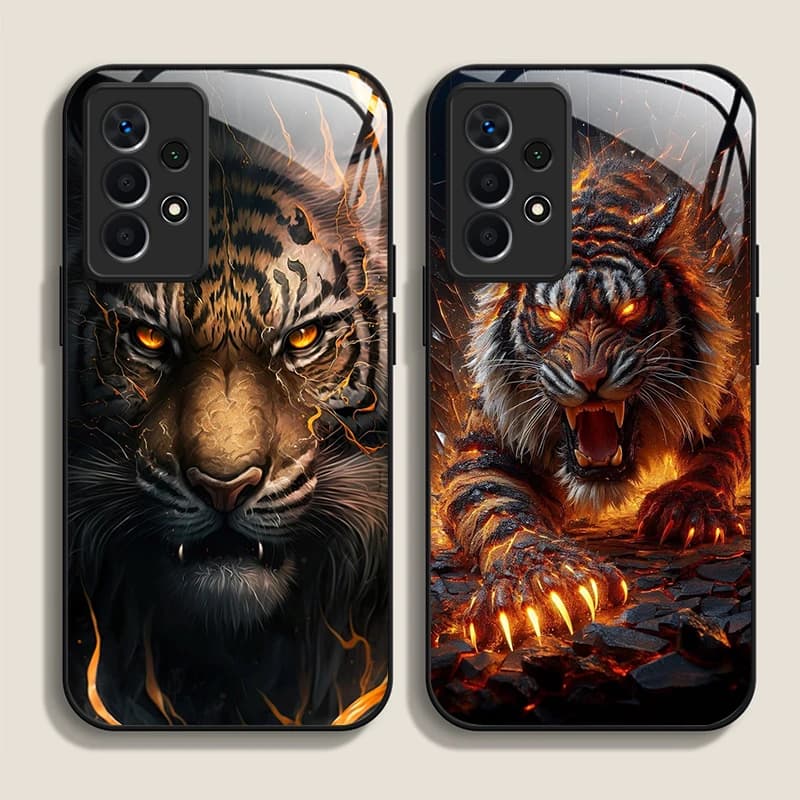 Cover per Telefono in Vetro Temperato con Stampa Fiamma a Strisce Nere e Dorate per Samsung Galaxy A56 A55 A54 A53 A52 A36 A14 A15 A16 A32