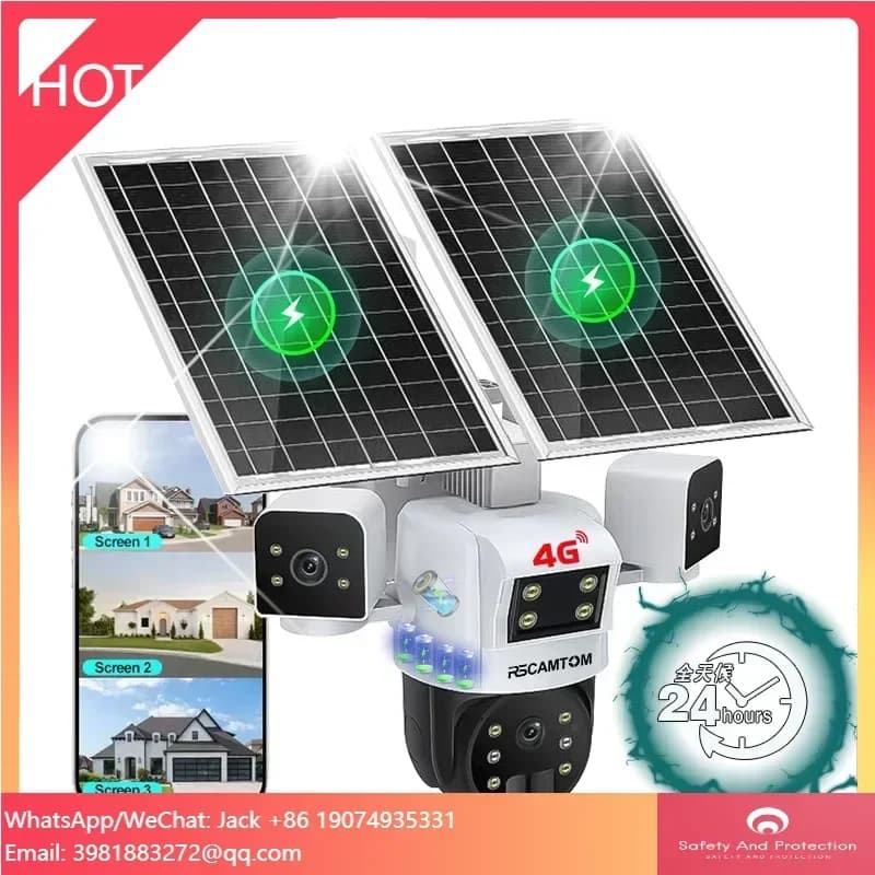 Telecamera Solare Esterna Rscamtom a Doppio Pannello con Scheda SIM 4G, Tripla Lente, Rilevamento Movimento a 360 Gradi, Visione Notturna a Colori, Telecamera CCTV