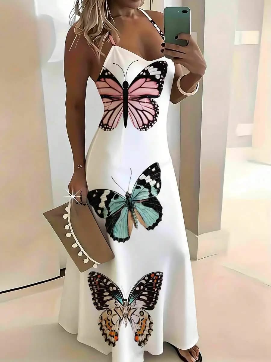 Butterfly Print Sleeveless Maxi Dress Women Summer Beach Casual Flowy Long Dress