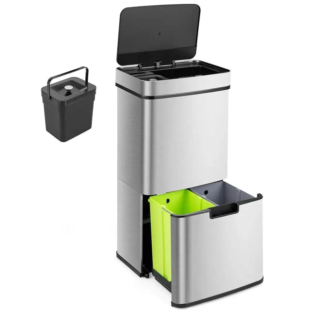 Cestino per Rifiuti Touchless in Acciaio Inox da 18 Galloni con 2 Scomparti per Riciclaggio e Coperchio a Chiusura Morbida