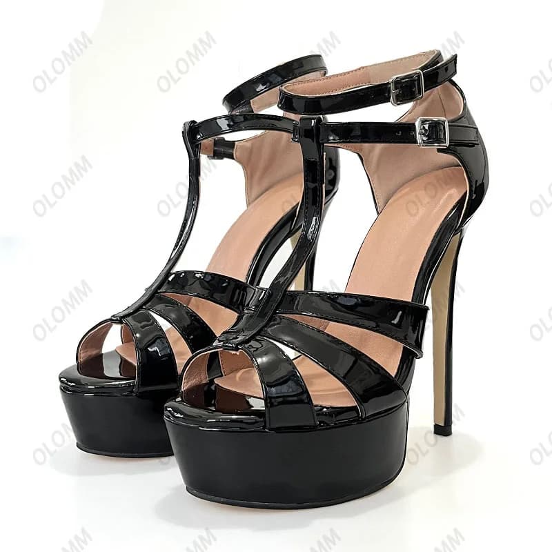 Olomm Sandali lucidi con plateau fatti a mano da donna Sandali sexy con tacco a spillo e punta aperta Scarpe da festa nere da donna US Plus Size 5-20