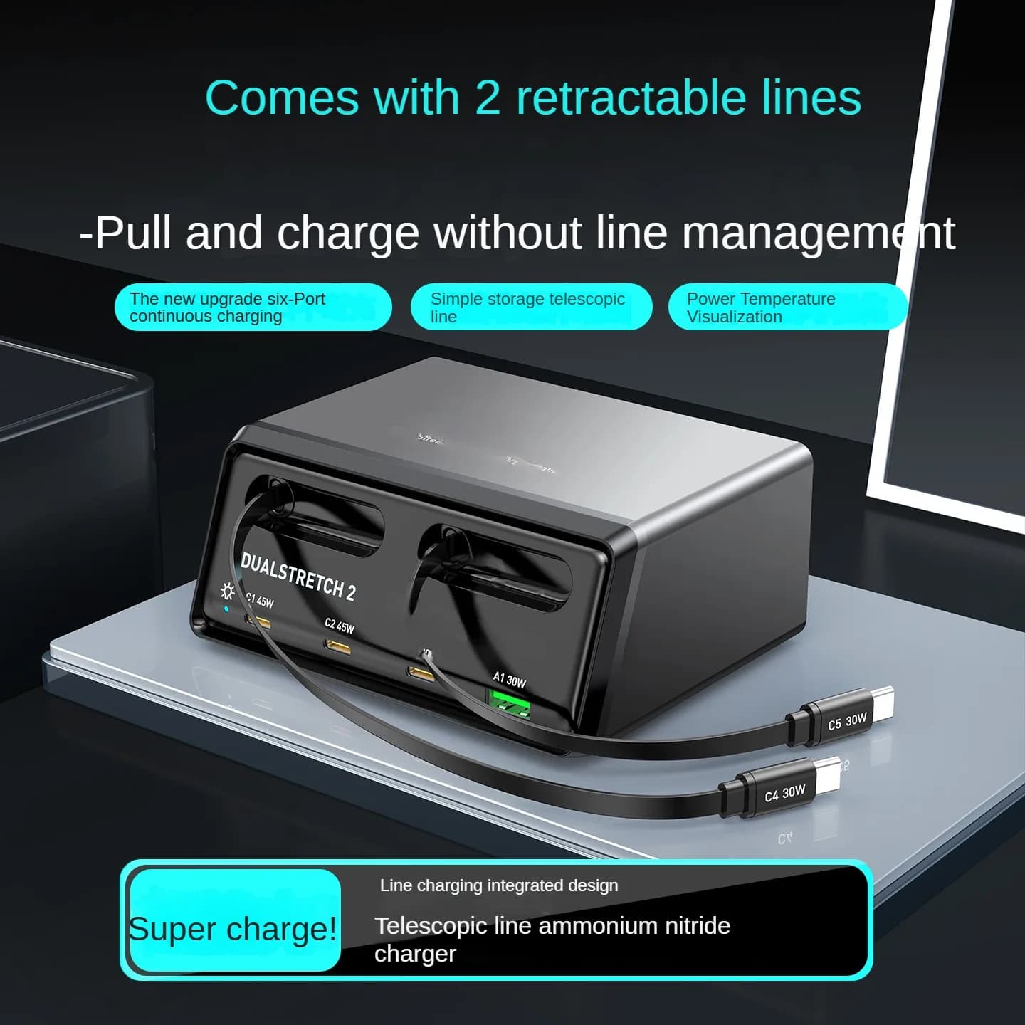 Dualstretch 6-in-1 Fast Charging Station with Retractable Cables 210W Power Hub for Multiple Phone Devices