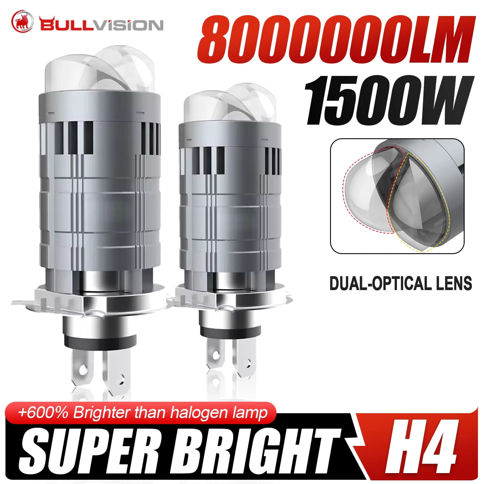 1/2 Pezzi Proiettore H4 con Lente LED, Lampadina Faro Auto Mini Bi-LED 8.000.000LM 1500W CANBUS Turbo, Lampadine Auto Moto H4 Abbaglianti e Anabbaglianti