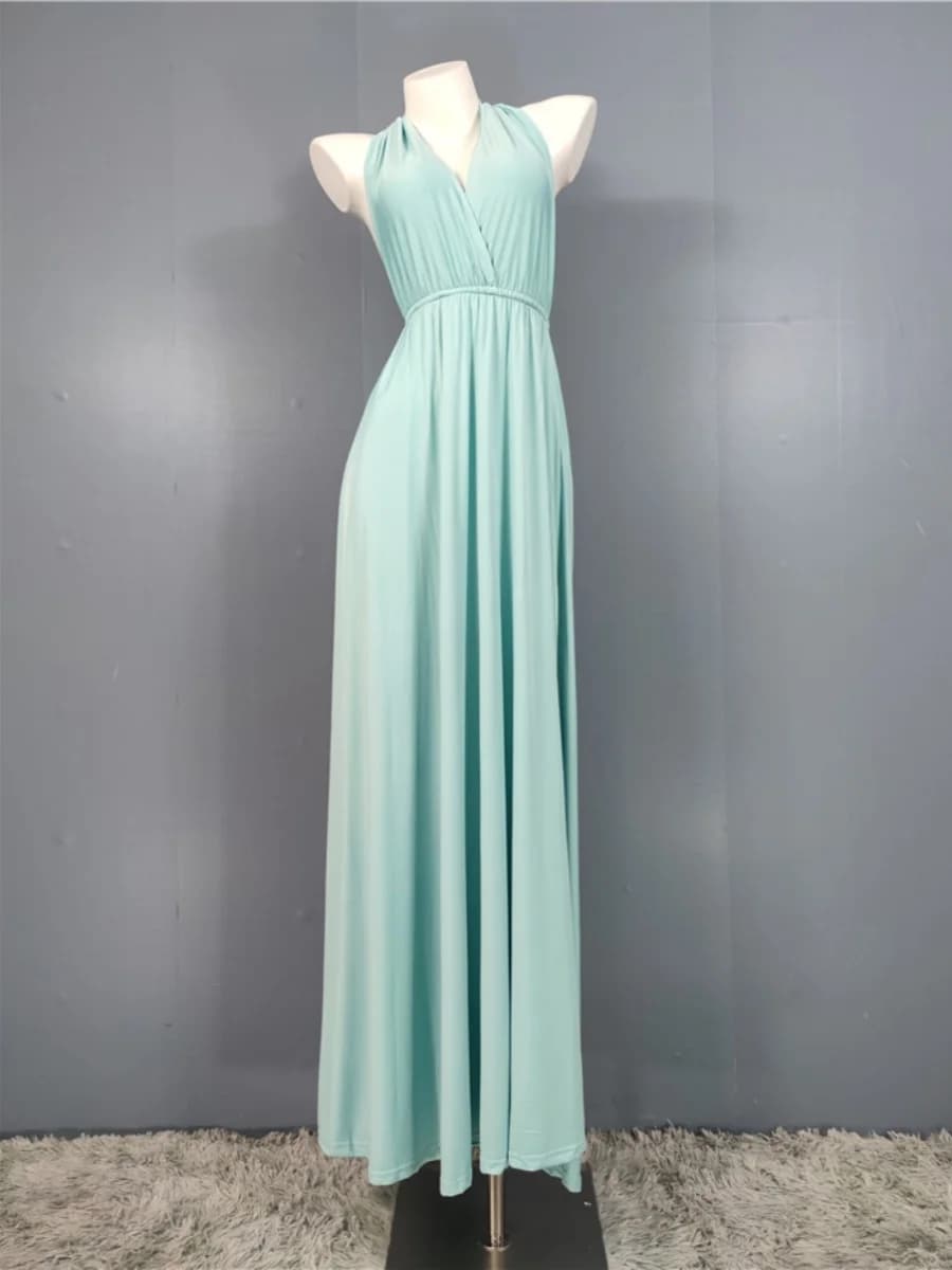 Elegante Abito da Sera Senza Schienale con Design a Fiocco, Gonna a Vita Alta a Trapezio, Lungo con Scollo a V Senza Maniche da Donna