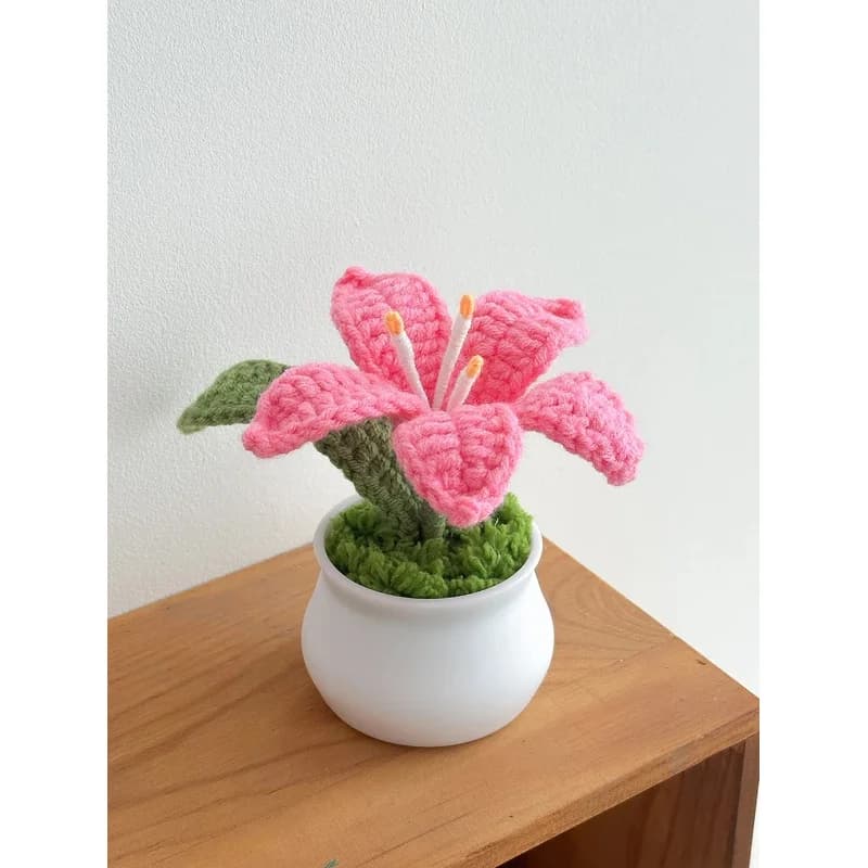 Fiore di giglio lavorato a maglia creativo Fiori all'uncinetto in vaso Pianta tessuta a mano per la decorazione domestica dell'auto Regalo per la festa della mamma