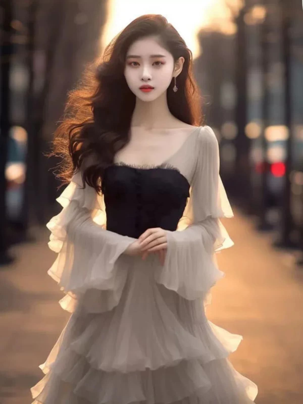 Elegant Spring Summer Long Sleeve Cake Skirt Dress High Waist A-Line Gown Slimming Design Ladylike Style Mid-Length U-Neck