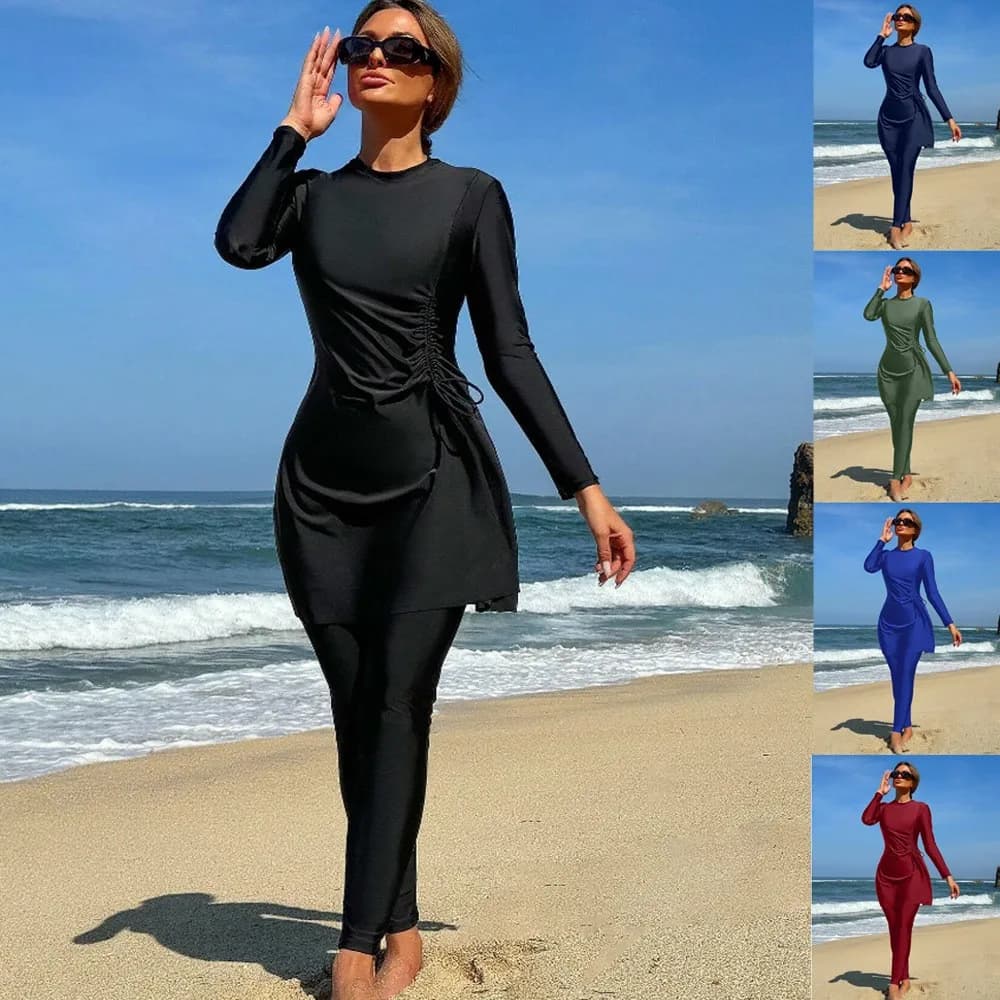 Long Sleeve Tunic Swimwear Two Piece Full Length Leggings Swimsuit Ruched Side High Neck Bathing Suit Black Navy Blue Swim Suit