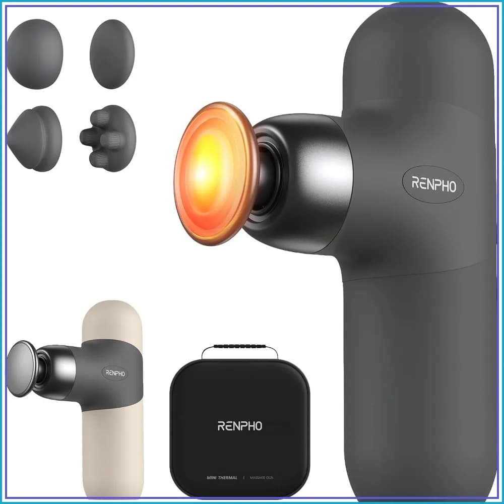 Mini Thermal Massage Gun with Heat, Deep Tissue Percussion Massager, 4 Heads, Ultra-Quiet for Neck & Back, Travel Case, Gifts