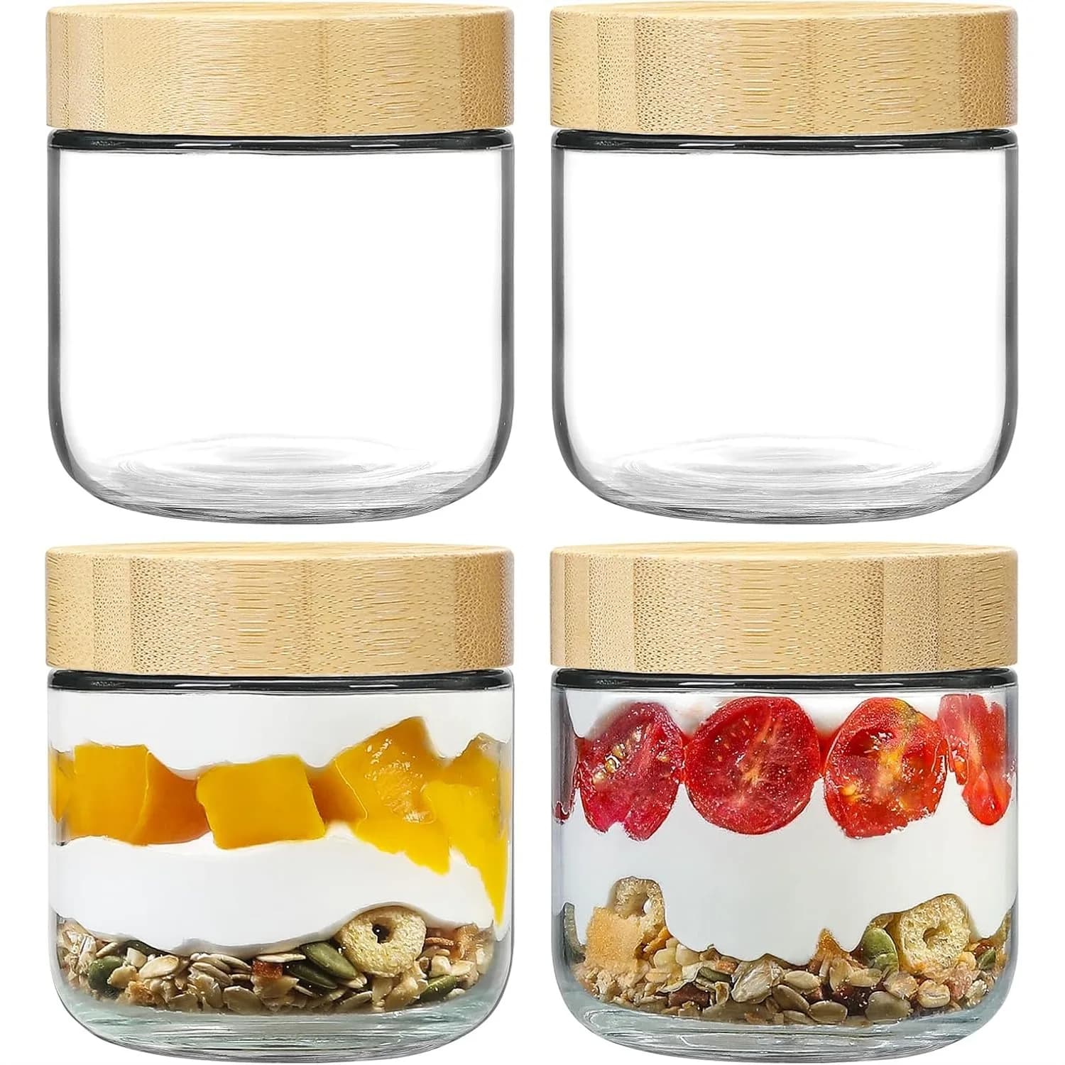 Barattoli in Vetro con Coperchi Ermetici per Preparazione Pasti, Set da 4 Contenitori da 300ml a Bocca Larga per Avena, Yogurt, Spezie
