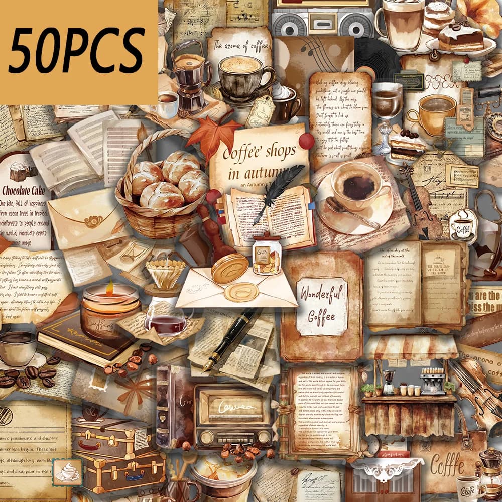 50 adesivi serie Retro Coffee Shop, tavolette decorative, tazze isolate, caschi, scatole regalo, adesivi PET impermeabili