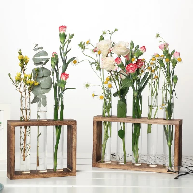Fioriera idroponica in vetro a 5 tubi con supporto in legno, vaso per piante da parete/desktop con irrigazione automatica per giardino alle erbe interno, regalo unico per