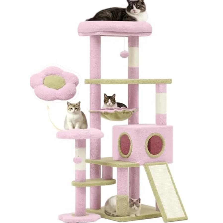 Albero per Gatti 61 pollici con Motivo Floreale, Design Accattivante, Ampia Struttura in Metallo, Amaca, Colonna Grattacapo in Silicone, Tiragraffi per Gatti e 3 Tiragraffi in Sisal