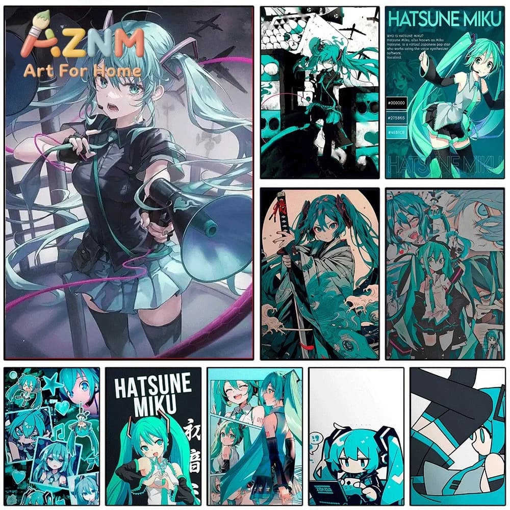 Hatsune Miku Megaphone Dark Cyber Samurai Collage Canvas Painting Unframed Anime Vocaloid Wall Art Poster for Bedroom Home Wal