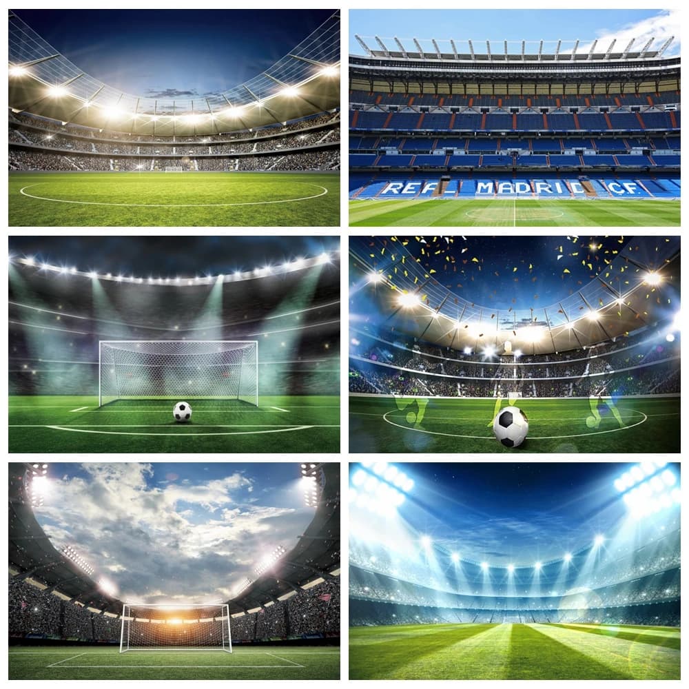Photo background for football field, football, real stadium of Madrid, champion cup, boy, birthday party, child portrait