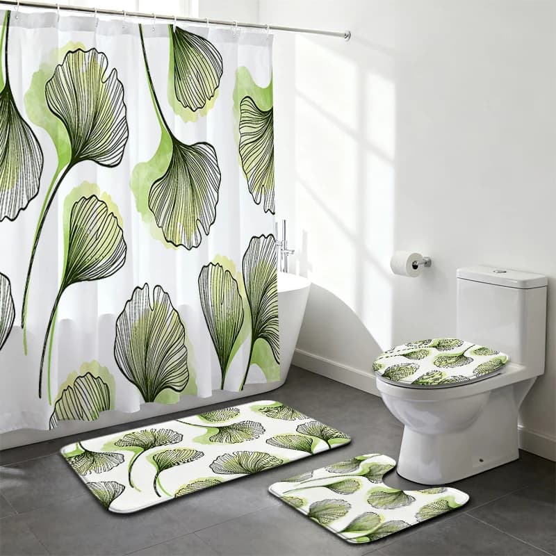 Bathroom Anti-slip Mat Simple Toilet Seat Cover Customizable Patterns Shower Curtain Set 3-Piece Rug Set Polyester Waterproof