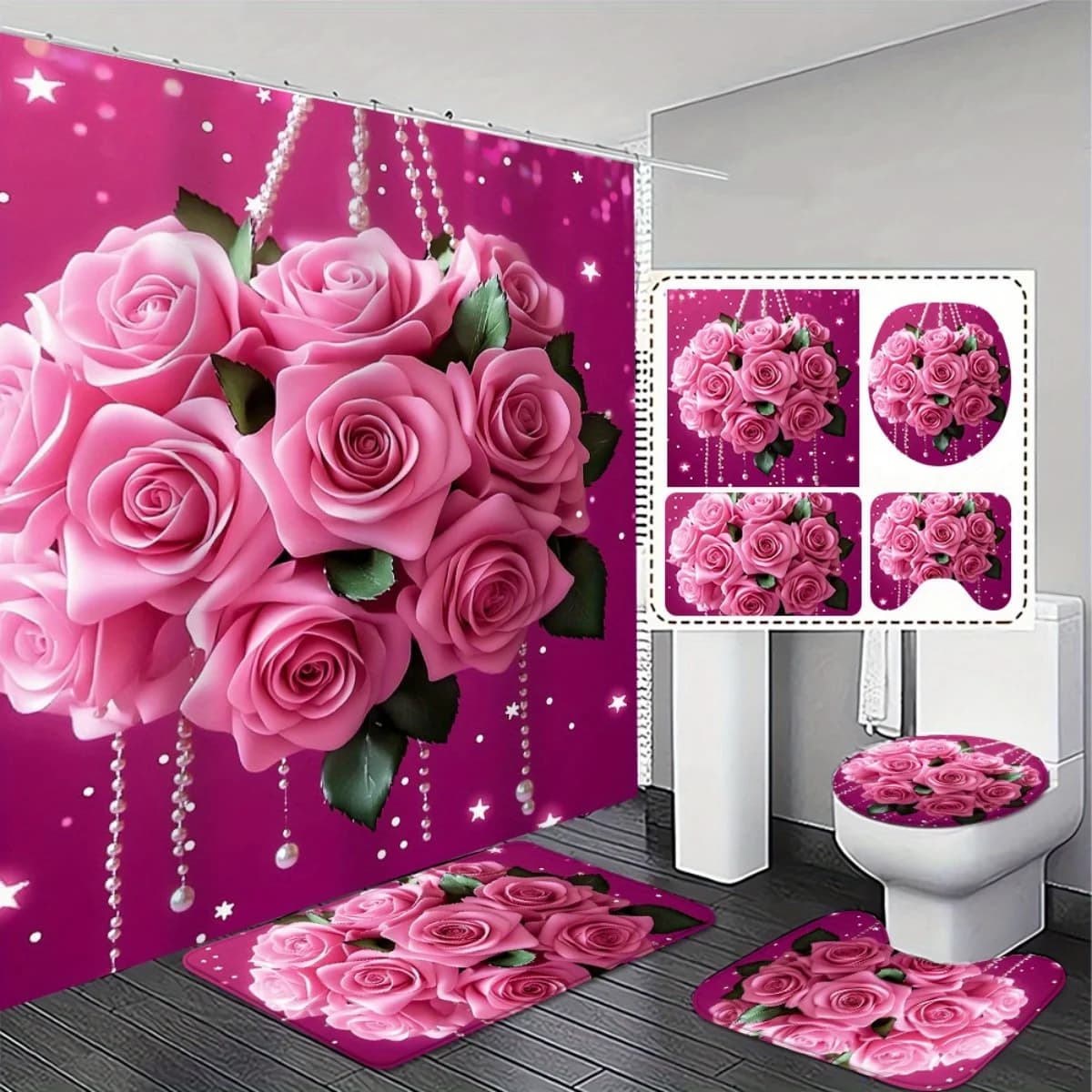 4pcs. Elegant Pink Rose Bathroom Set - 2D Flat Printing Shower Curtain, Non-Slip Rugs, and Toilet Lid Cover - Paired with 12 C-shaped Hooks. Perfect Gift for Valentine's Day Exquisite and Practical Home Decoration Gift.