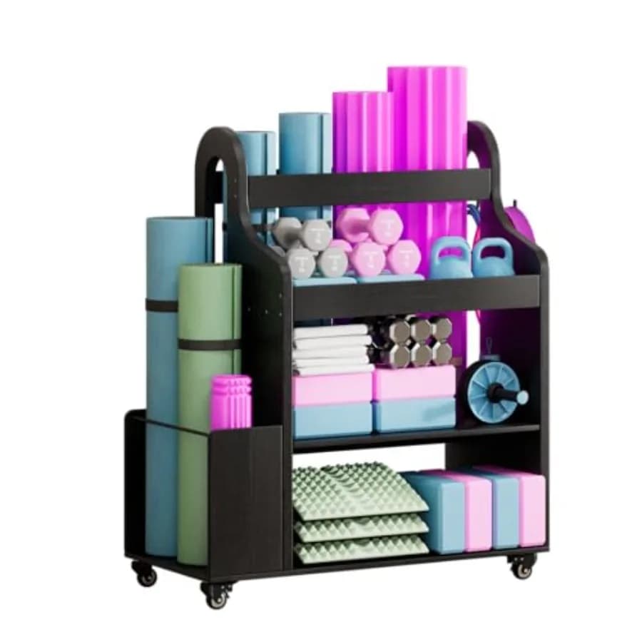 Porta Pesi per Manubri, Organizer for Home Gym with Wheels and Hooks for Yoga Mats and Foam Rollers, in Wood, All in One for Training