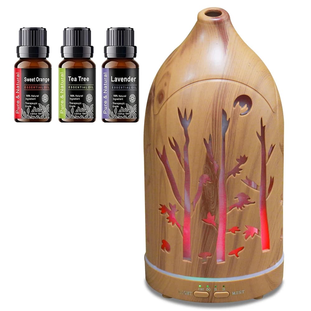 Diffusore di oli essenziali con venature del legno chiaro Scavato Umidificatore ultra silenzioso Spegnimento automatico Luce d'atmosfera a 7 colori Perfetto per il sonno
