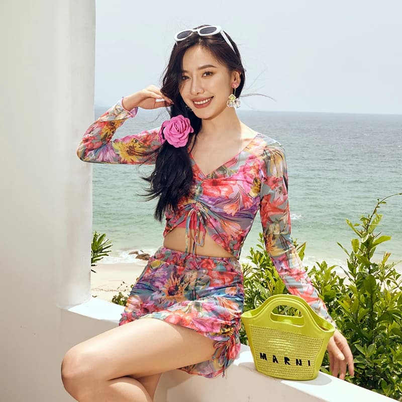 Swimsuit Bikini Sets Women 4 Pieces Swimwear with Boyshort Plus Size Bathing Suit 5XL Swim with Skrit Long Sleeve Shirt