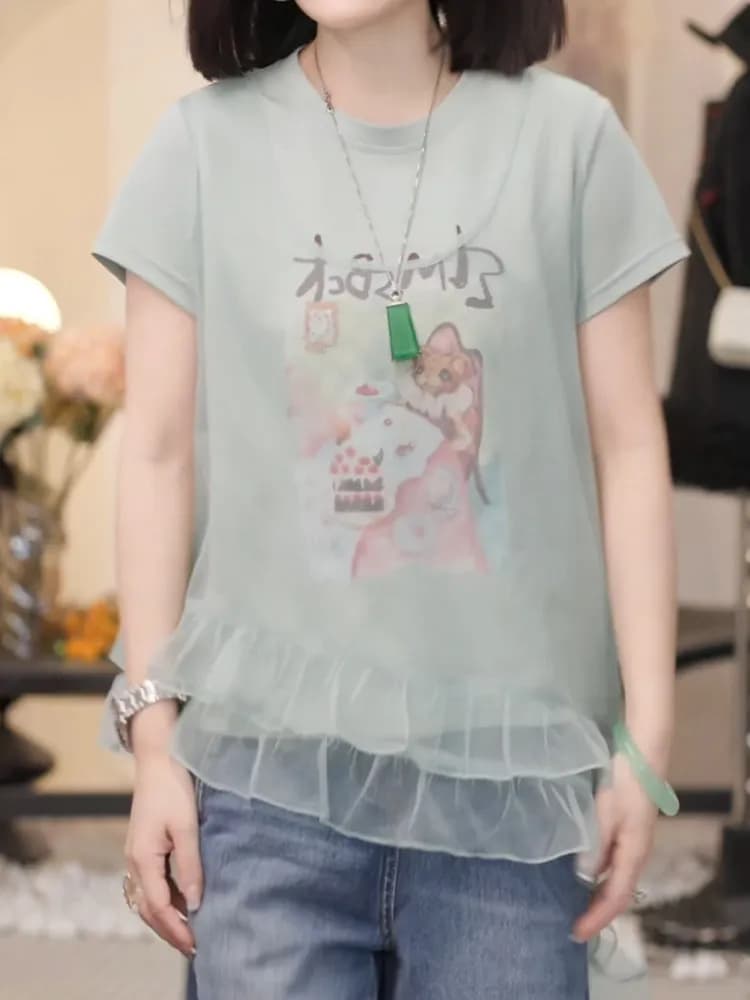 Elegant Printed Splice Slimming Summer Top Women's Fashion Design Two-Piece Look Concealing Meat-Bearing Trendy T-Shirt