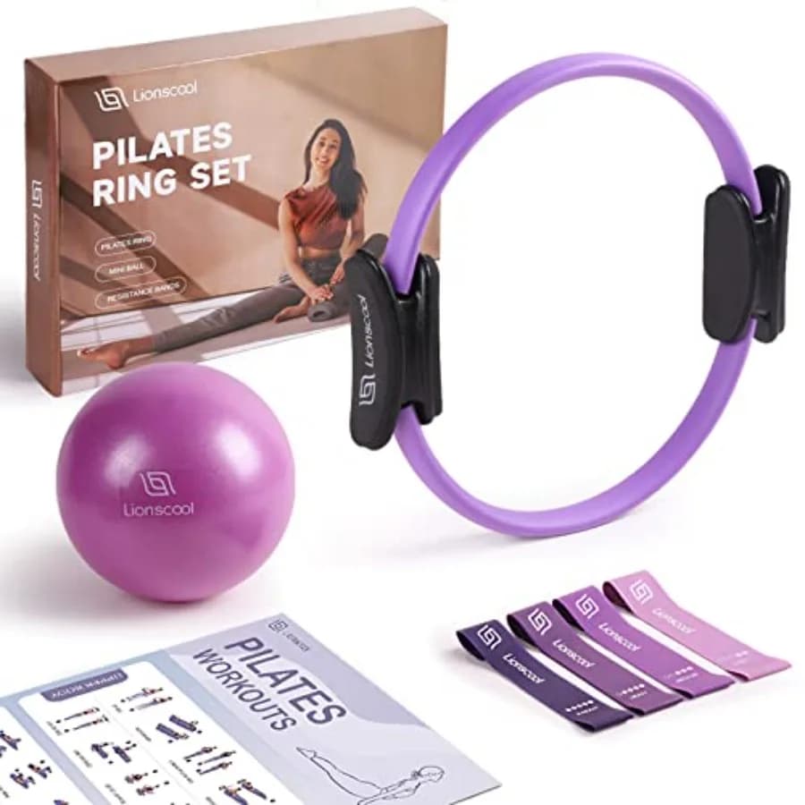 Set Anello Pilates LIONSCOOL 14 Pezzi Anti-Deformazione con Maniglie Imbottite, Mini Palla, Bande di Resistenza e Borsa Guida