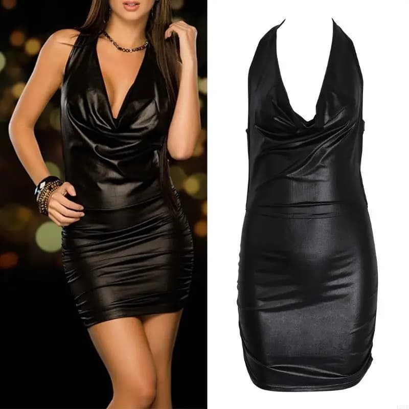 L38E Abito aderente in ecopelle con fasciatura senza schienale sexy nero e rosso effetto bagnato da donna
