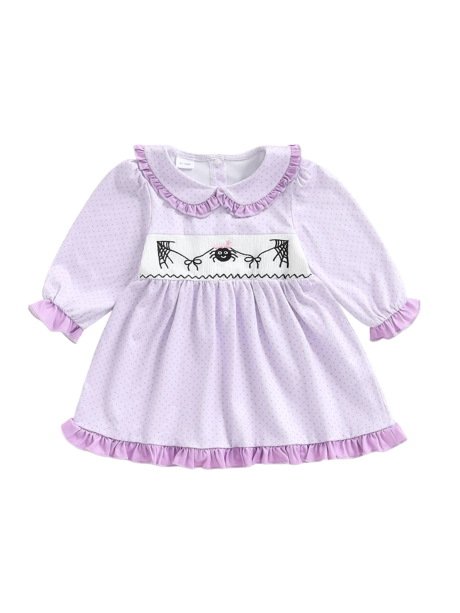 Simpatico vestito da Halloween per bambina con colletto per bambola con ricamo ragno con stampa a pois e maniche lunghe arricciate - Adorabile linea A