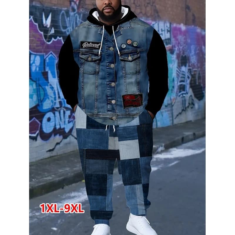 Men'S Hoodie Drawstring Printed Loose Casual Fashion Patch Design Fashionable Long Sleeve Two Piece Set