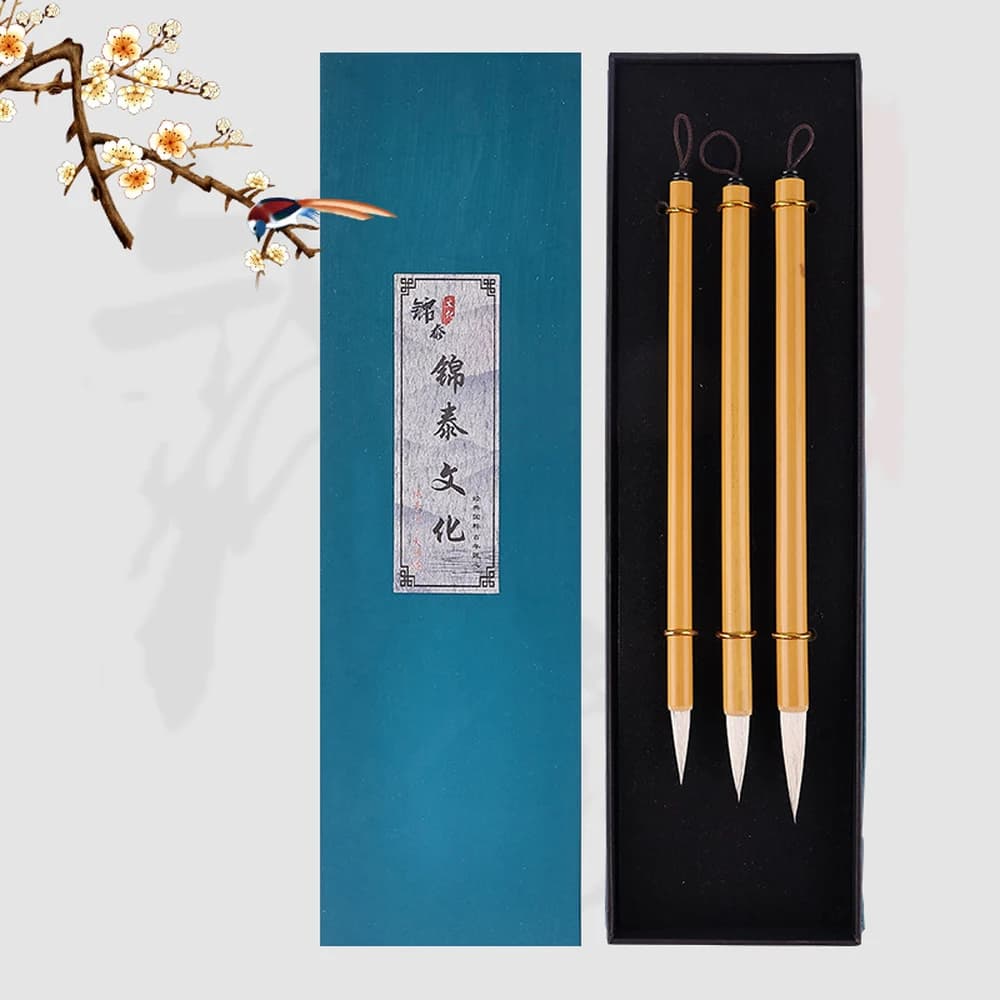 Professional Calligraphy Brush Set 3pcs Bamboo Mixed Hair, Small Medium Large for Art Supplies, Gift Box