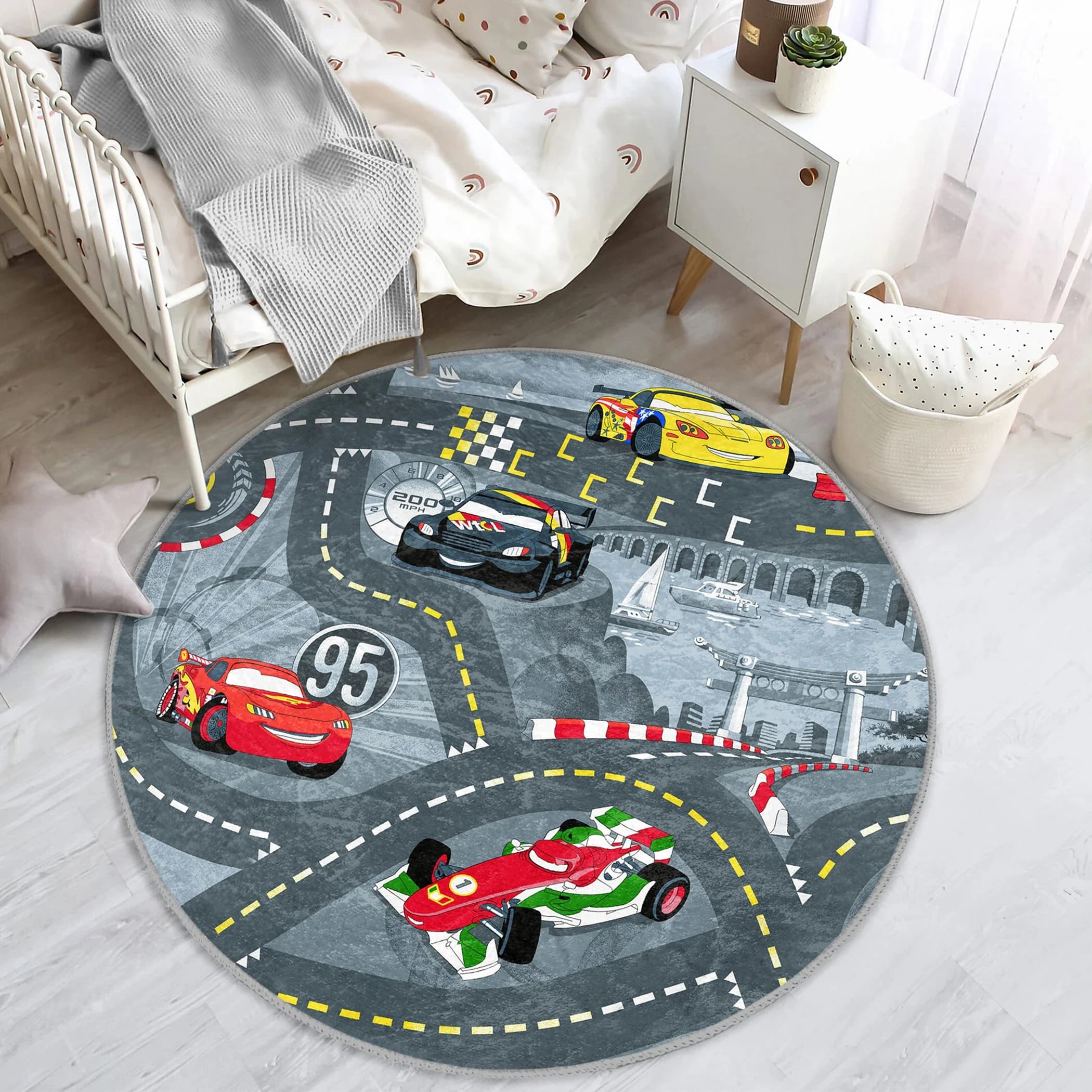 Kids round carpet with race track pattern, crystal velvet racing car game mat for kindergarten playroom bedroom, non-slip carpet