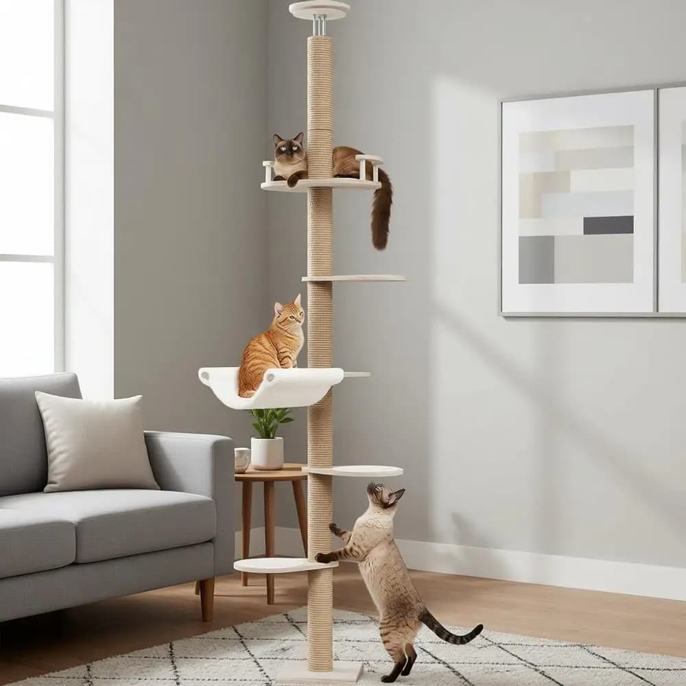 Tower for Cats in Wood at 5 Levels Adjustable in Height with Platforms Anti-slip, Large Trespolo Superiore, Amaca in Plush and Tiragraffi in Corda di Juta