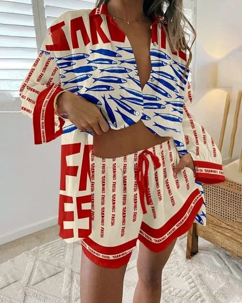 Set of 2 pieces for beach holidays with fashion print Women's short sleeve summer shirt Top + wide Legs Short dress oversize in two pieces woman