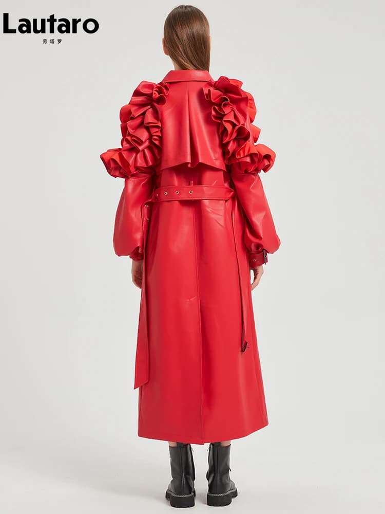 Lautaro Trench da donna in morbida pelle PU con volant lungo primavera autunno per cintura elegante abiti firmati di lusso moda da passerella
