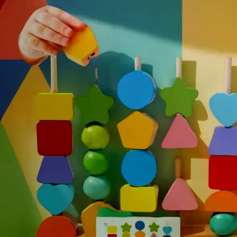 Set di perline e blocchi di legno Montessori; Giocattoli per l'apprendimento dell'impilatore di forme; Giochi di sequenza e abbinamento per l'educazione precoce