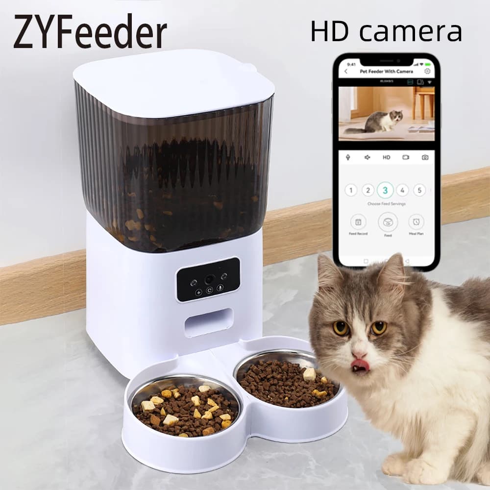 Distributore Automatico di Cibo per Animali da 5L con Telecamera, Dispenser Intelligente per Cani e Gatti, WiFi, Temporizzazione, Ciotola in Acciaio Inox