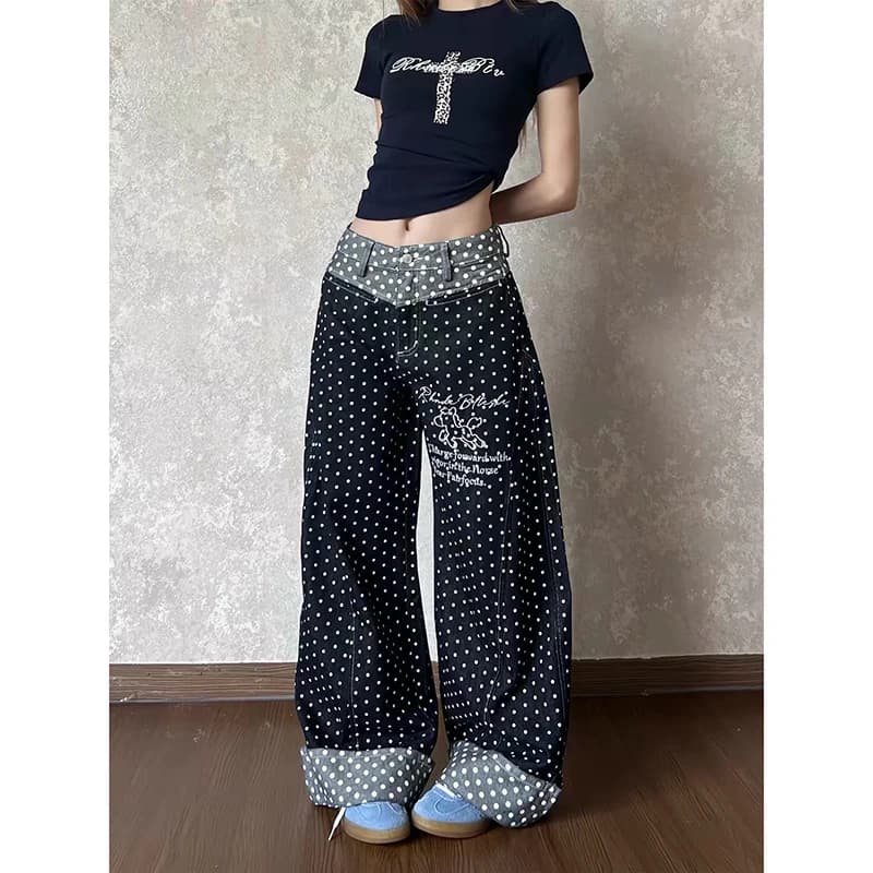 ZHIZOU Women Black Dot Denim Jeans Baggy Y2K Harajuku High Street 2000s Style Retro Wide Leg Jeans Long Pants Clothing Autumn