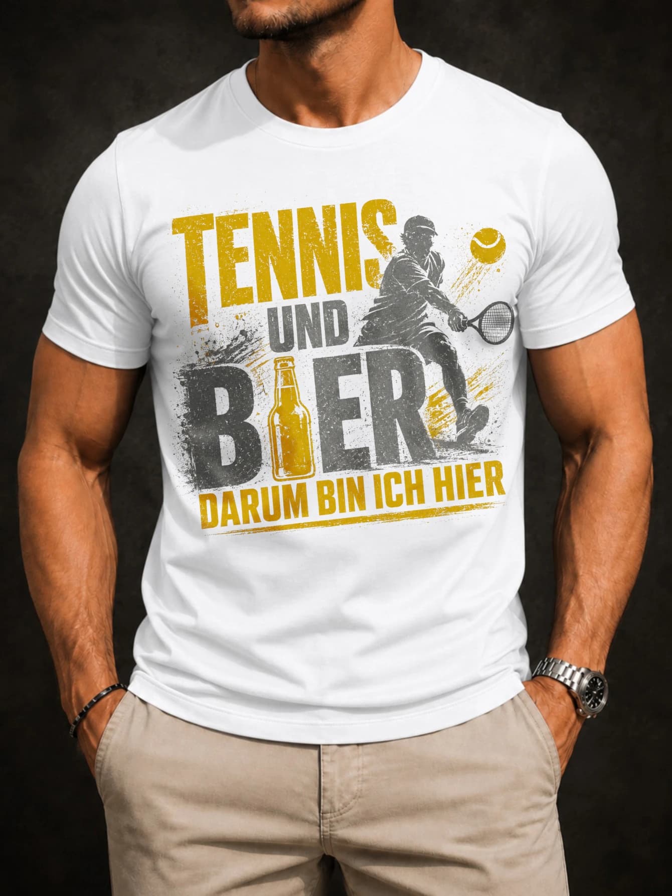 Tennis Und Bier Darum Bin Ich Hier player silhouette racket ball and bottle Tee and casual graphic Unisex All T-Shirt