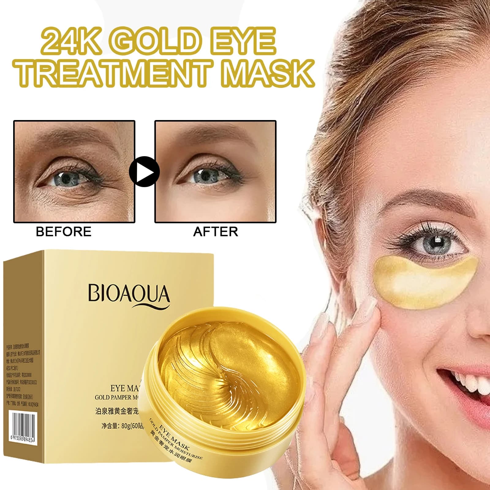 BIOAOUA 24K Collagen and Gold Eyes Mask, Anti Eyewear and Bags, Hydrating, Anti-Wheel, Eye Patch, Viso Skin Care Products