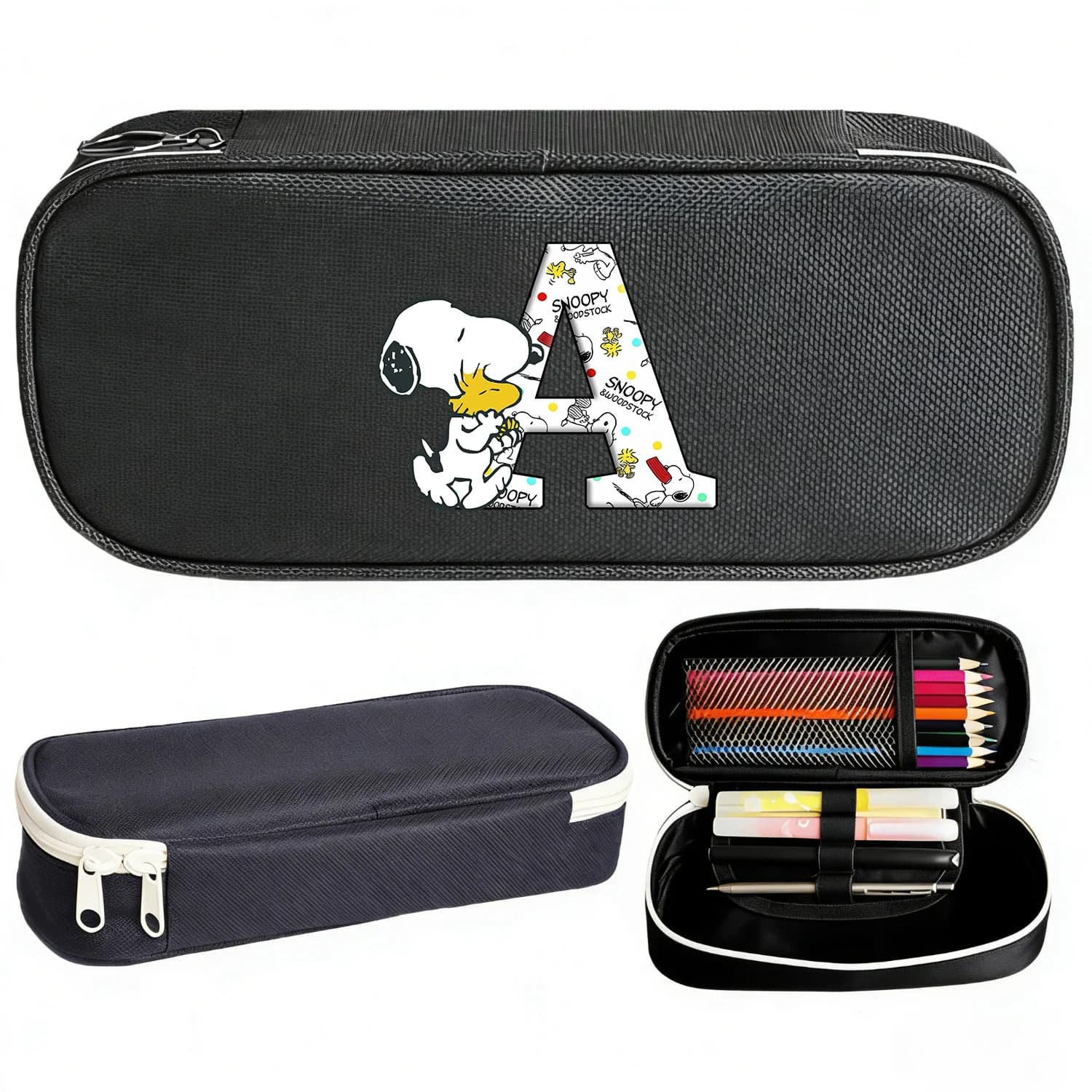 Astuccio Snoopy con Lettere A-Z, Borsa per Penne Cartoon Nera, Grande Portapenne per Forniture Artistiche, Kawaii Anime, Cancelleria per Scuola e Ufficio, Regalo per Bambini