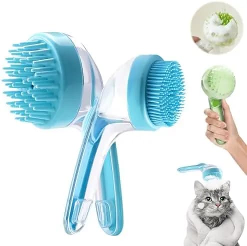 Spazzola da bagno per animali domestici con dispenser di shampoo per cani e gatti - Spazzola massaggiante per toelettatura da 2 pezzi per un facile lavaggio (Blu)