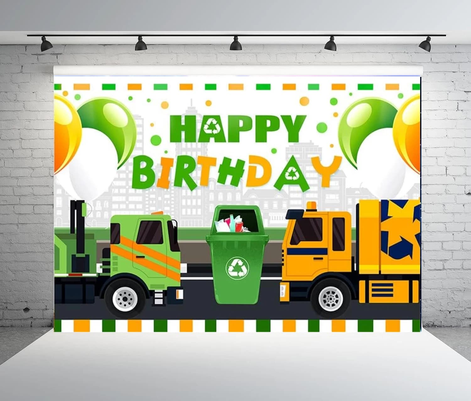 Sfondo fotografico camion della spazzatura festa di buon compleanno festa spazzatura riciclo bidone sfondo palloncini bidone della spazzatura oggetti di scena da studio