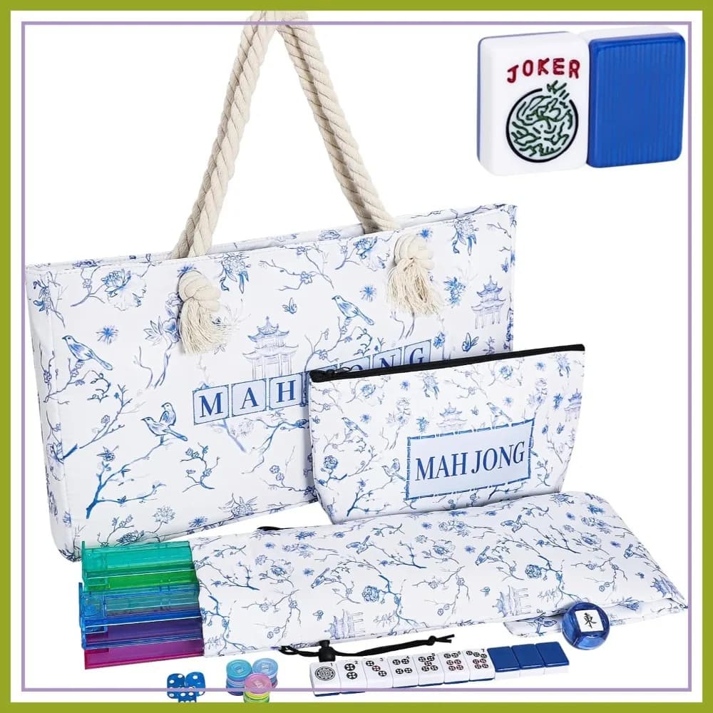 Set di Tessere Mahjong Americano, 166 Tessere Blu, Borsa e Accessori, 4 Supporti/Spingitori Tutto-in-Uno, Set Completo