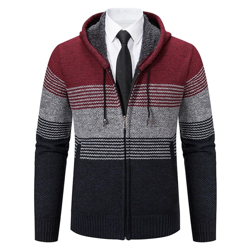 Men's Contrast Sweaters Zipper Cardigan Striped Jacket Autumn Winter Warm Wool Plush Coat Fashion Casual Hoodies