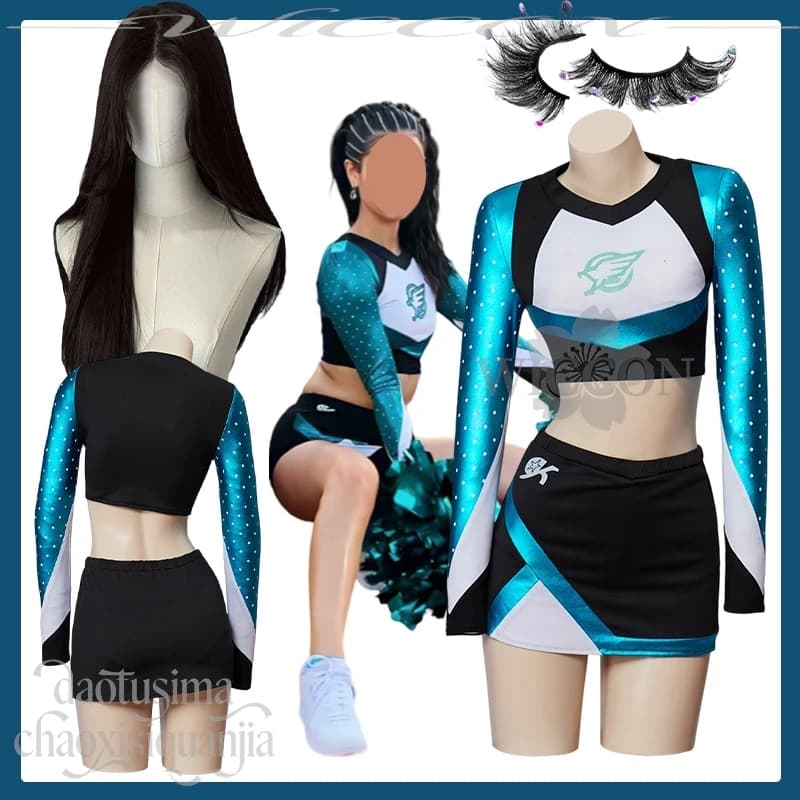 Maddy Cosplay Anime Movie Hot Girls School Cheerleader Sexy Blue Black Fitting Crop Top T-shirt Miniskirt Halloween party