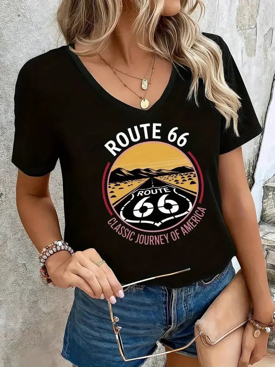 Plus Size Women Oversized V-Neck T-Shirt Route 66 Graphic Black Short Sleeve Casual Loose Fit 95% Cotton 5% Elastane