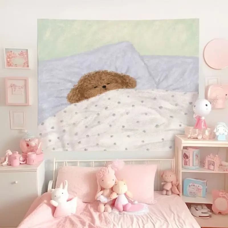 VIKAMA Fluffy Puppy Tapestry Korean Ins Style Wall Hanging Cute Dog Aesthetic Bedroom Dorm Soft Polyester Home Decor